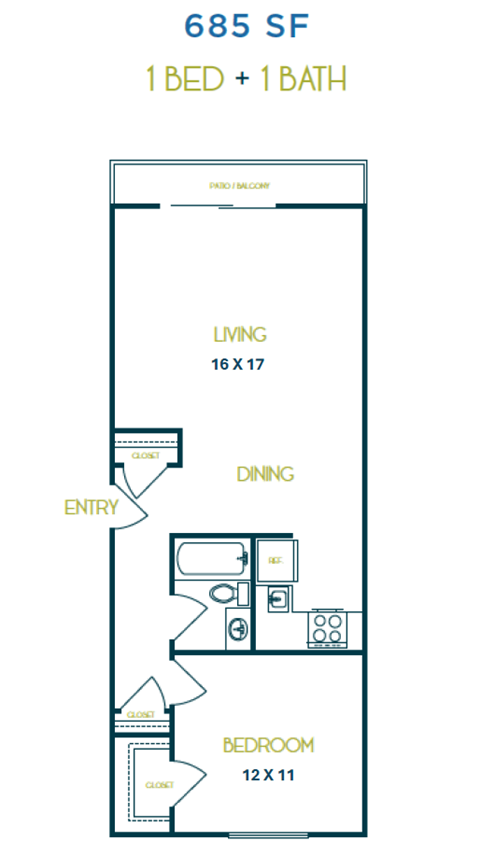 A floor plan for a 1 bedroom, 1 bathroom apartment at 685 SF.